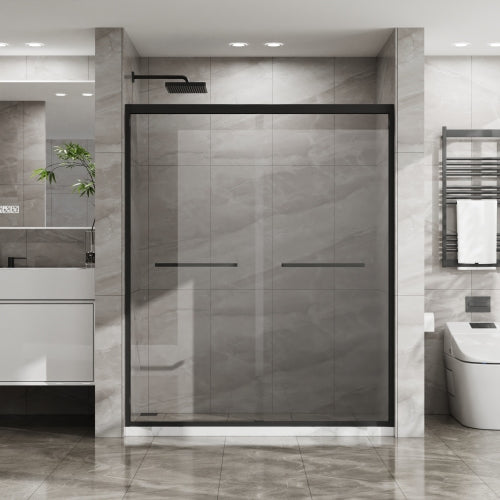 Goodyo Double Sliding Glass Shower Door 60 in. W x 72 in. H Aluminum Framed Shower Enclosure with SGCC Clear Tempered Glass, Stainless Steel Hardware, Matte Black