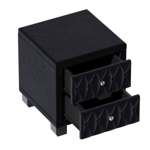Elegant Velvet Nightstand with 2 Drawers and Crystal Handle, Storage Bedside Table with Button-Tufted, Black