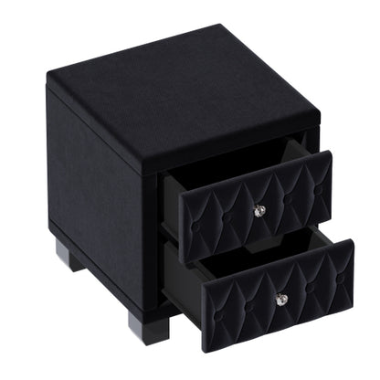 Elegant Velvet Nightstand with 2 Drawers and Crystal Handle, Storage Bedside Table with Button-Tufted, Black