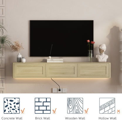 Wood Floating Wall Mount High Gloss TV Cabinet with 16 Color LED Lights & Built-in Power Ports