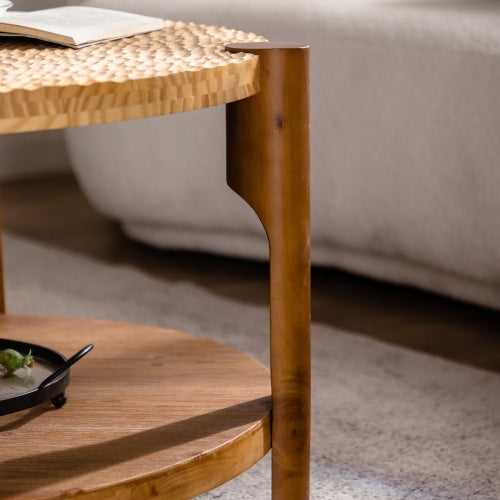 Round 2-Tier Coffee Table Solid Wood Legs Storage Shelf Mid Century Style