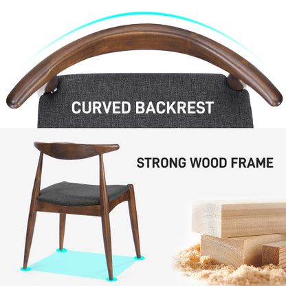 Set of 2 Walnut + Charcoal Retro Rubberwood Dining Chairs, Ergonomic Arched Back TSCA Foam 300lbs Capacity