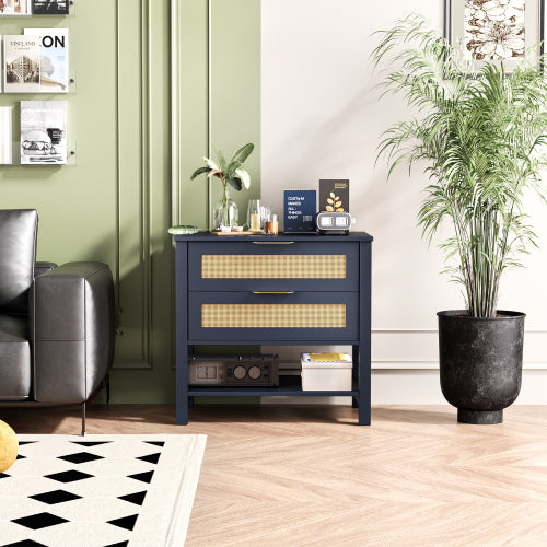 Boho Rattan Nightstand with 2 Drawers & Open Shelf