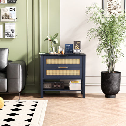 Boho Rattan Nightstand with 2 Drawers & Open Shelf