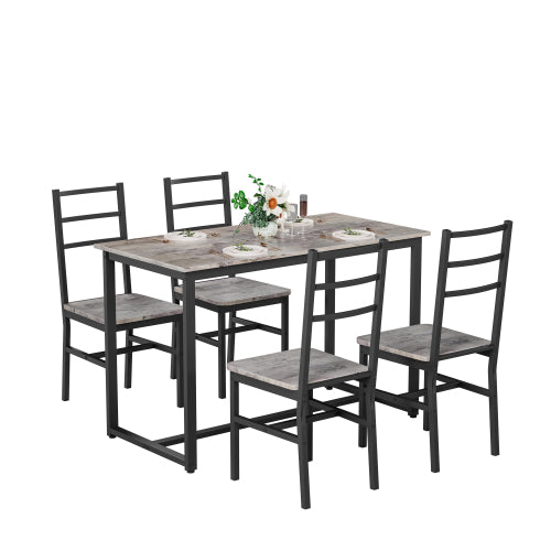 5-Piece Gray & Black Farmhouse Dining Set, MDF & Metal Table with 4 Backrest Chairs