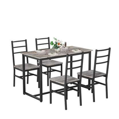 5-Piece Gray & Black Farmhouse Dining Set, MDF & Metal Table with 4 Backrest Chairs