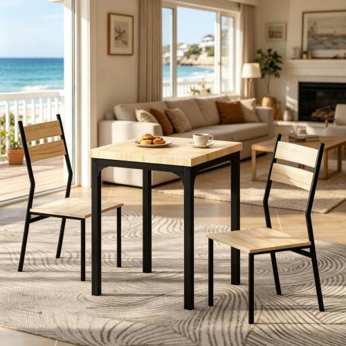 3-Piece Rustic Industrial Dining Set, Light Wood Grain MDF Table & 2 Slatted High Back Chairs