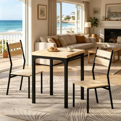 3-Piece Rustic Industrial Dining Set, Light Wood Grain MDF Table & 2 Slatted High Back Chairs