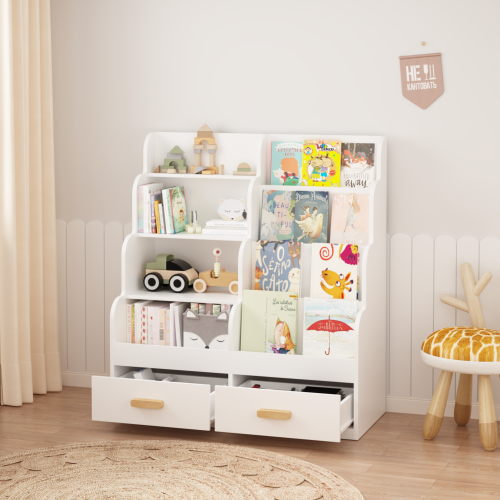 Kids Bookshelf with Drawers Front-Facing Toy Organizer White