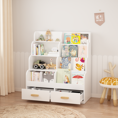 Kids Bookshelf with Drawers Front-Facing Toy Organizer White