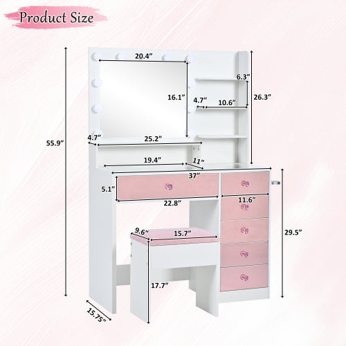 Vanity Desk with Glass Top and 11 Hollywood Bulbs, 3 Color Lighting Modes, Makeup Vanity with Pink Finish Drawers & Shelves, White Vanity Table with Stool for Bedroom