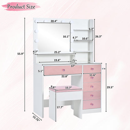 Vanity Desk with Glass Top and 11 Hollywood Bulbs, 3 Color Lighting Modes, Makeup Vanity with Pink Finish Drawers & Shelves, White Vanity Table with Stool for Bedroom