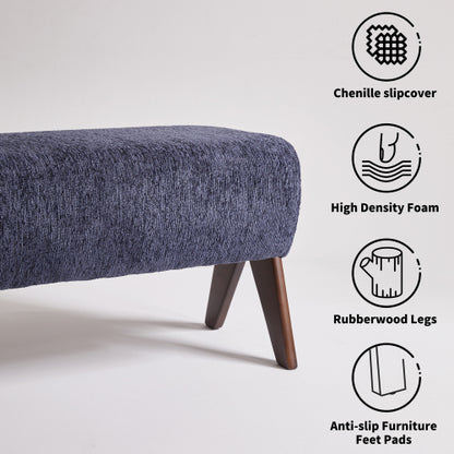 Chenille Upholstered Bench with Solid Wood Legs, Entryway Ottoman