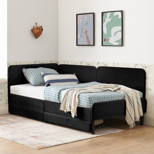 Black Twin-Size Upholstered Convertible Platform Sofa-Bed Frame with 2 Storage Drawers