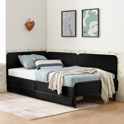 Black Twin-Size Upholstered Convertible Platform Sofa-Bed Frame with 2 Storage Drawers