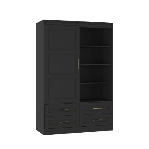 Tall Bedroom Armoire Wardrobe Closet Clothing Storage Cabinet with Hanging Rod Barn Door Drawers Open Shelves