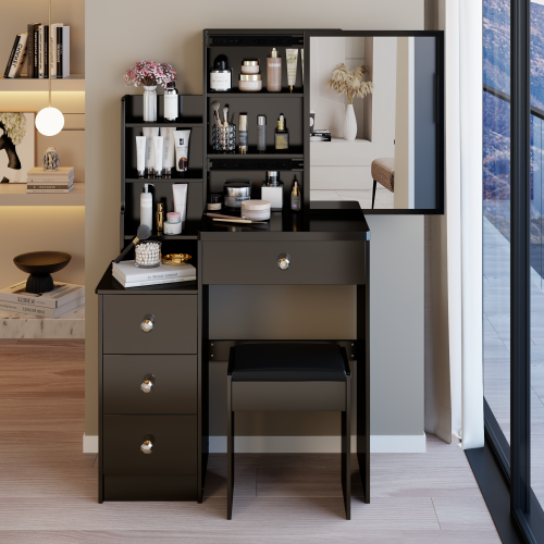 White 29.2 inch  Small Space Left Bedside Cabinet Vanity Table + Cushioned Stool, Extra Large Right Sliding Mirror
