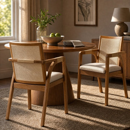 Set of 2 Walnut Rubber Wood Dining Arm Chairs, Textilene Back & PE Rattan Armrest