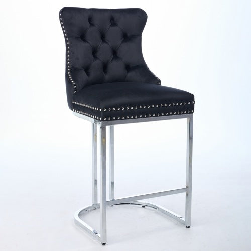 Set of 2 Black 25in Counter Height Velvet Bar Stools, Chrome Metal Legs,Dining chair