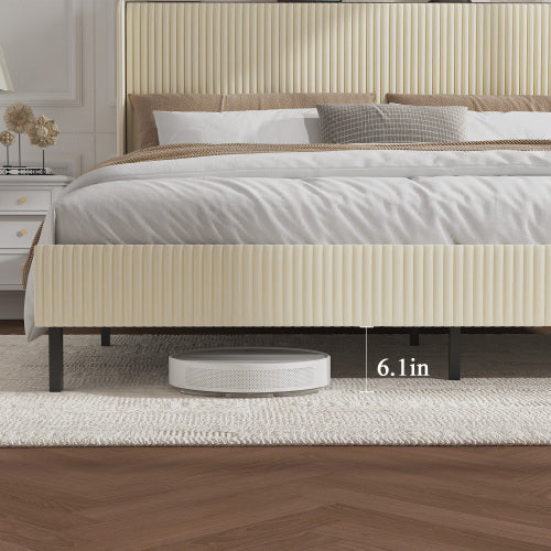 King Size Platform Bed , Metal Bed Frame with Charging Station, No Box Spring Needed, (Beige), Noise Free,Easy Assemble.