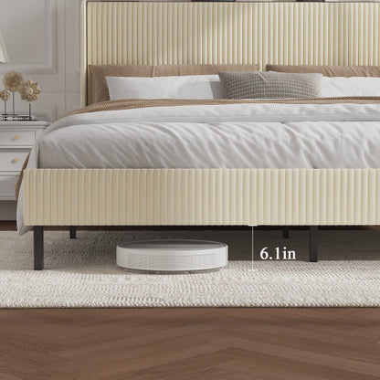King Size Platform Bed , Metal Bed Frame with Charging Station, No Box Spring Needed, (Beige), Noise Free,Easy Assemble.