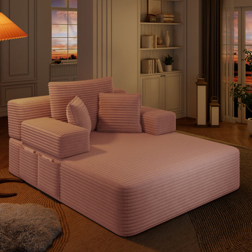 Oversized Baby Pink Corduroy Convertible Sofa Bed w/Storage Pockets