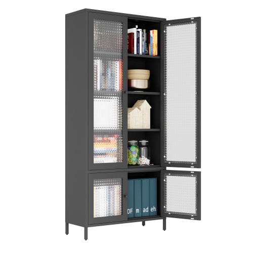 Black Waffle Tempered Glass Door Metal Display Cabinet Multi-layer Home Storage Rack