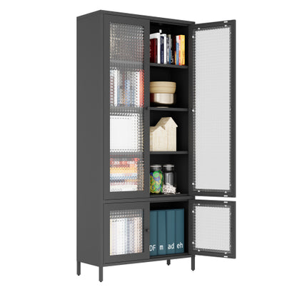 Black Waffle Tempered Glass Door Metal Display Cabinet Multi-layer Home Storage Rack