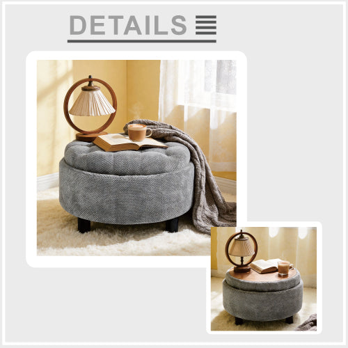 25 Inch Round Storage Ottoman, Light Grey Tufted Fabric