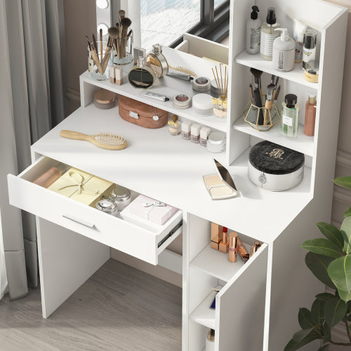 White Vanity Desk with Mirror & Light, 12 LED Bulbs, Large Drawer, 3 Shelves & 3-Level Cabinets, 3 Lighting Modes