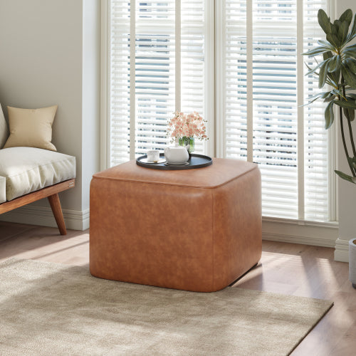 Tan PU Leather Square Ottoman with Foam Cushion and Modern Design