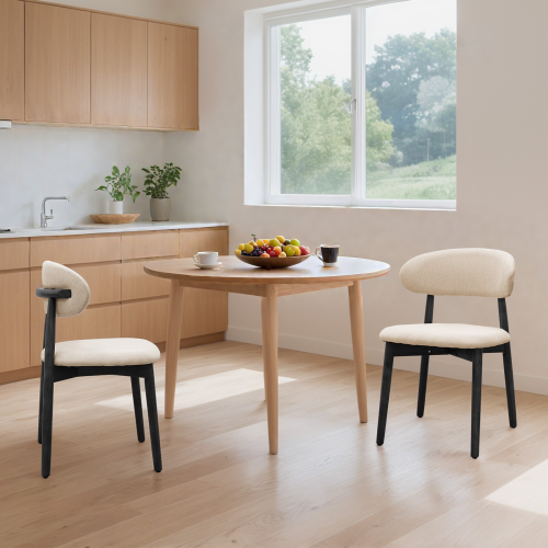 Set of 2 Beige Cotton-Linen Dining Chairs, Black Solid Oak Wood Legs 300lbs Capacity Armless Side Chairs