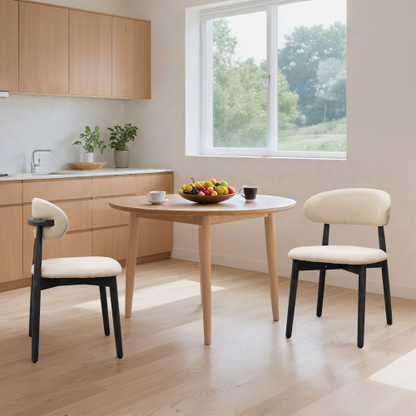 Set of 2 Beige Cotton-Linen Dining Chairs, Black Solid Oak Wood Legs 300lbs Capacity Armless Side Chairs
