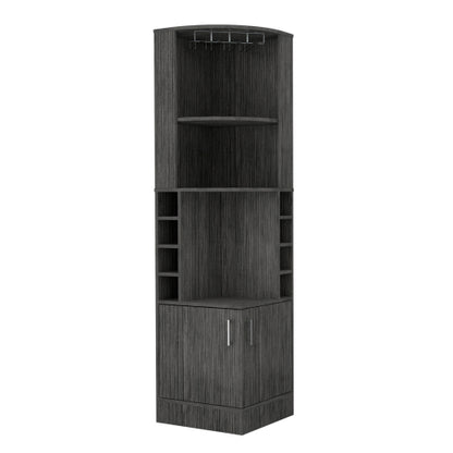 Corner Bar Cabinet, Eight Bottle Cubbies, Double Door, Two Open Shelves -Smokey Oak