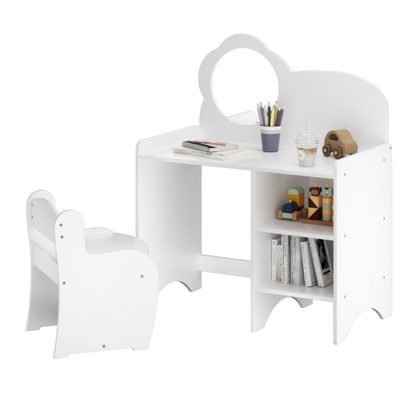 Kids Vanity Table with Mirror and Chair, Wooden Children's Dressing Makeup Desk with Storage Shelves, Playroom Bedroom, White
