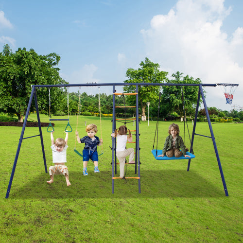 6 in 1 Swing Set With Climbing Ladder, Climbing Net, Trapeze bar, Hammock Swing, Belt Swing, Basketball hoop for Backyard