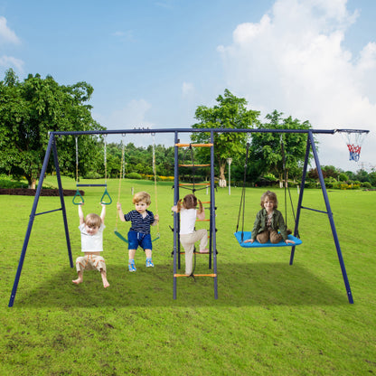 6 in 1 Swing Set With Climbing Ladder, Climbing Net, Trapeze bar, Hammock Swing, Belt Swing, Basketball hoop for Backyard