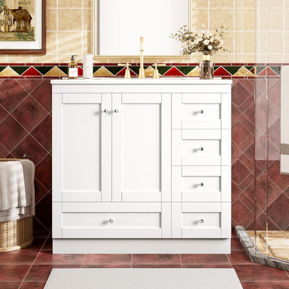36 inch Shaker Style Free-Standing Bathroom Vanity Cabinet with Ceramic Sink, 4 Soft-close Drawers and 2 Soft-close doors