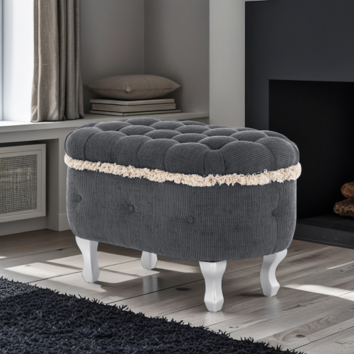 Grey Fringed Button Tufted Storage Ottoman Bench, 29.5 Inch End of Bed Shoe Stool for Bedroom Entryway
