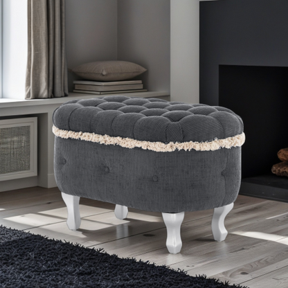 Grey Fringed Button Tufted Storage Ottoman Bench, 29.5 Inch End of Bed Shoe Stool for Bedroom Entryway