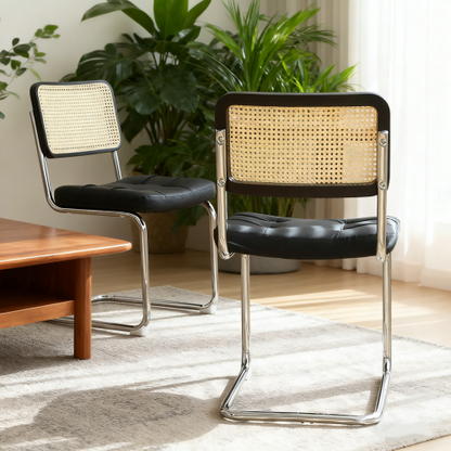 Dining Chairs Set of 2, Faux Leather Rattan Side Accent Chairs with Chrome Legs, Modern Mid Century Breuer Designed Chairs, Black