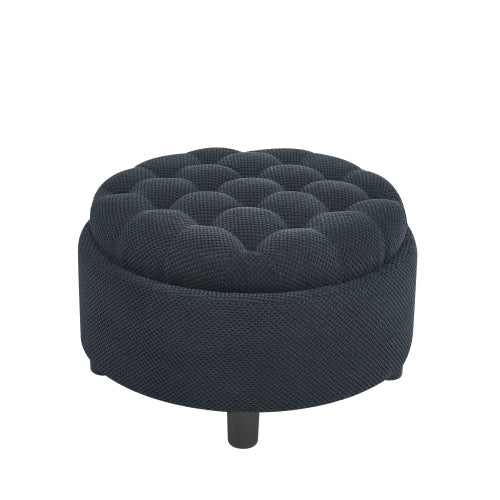 25 Inch Round Storage Ottoman, Black Tufted Fabric