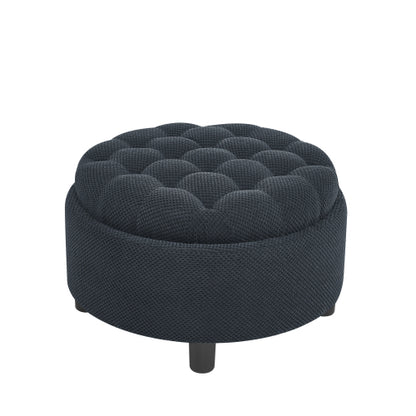 25 Inch Round Storage Ottoman, Black Tufted Fabric