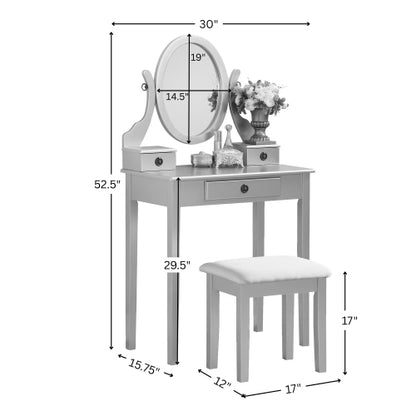 Moniya Rose Gold Wood Makeup Vanity Table and Stool Set, 3 Drawers, Adjustable Oval Mirror