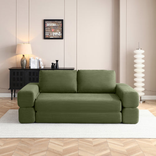 Green 81 inch  3-in-1 Corduroy Convertible Floor Sofa Bed, Boneless Futon