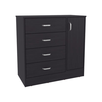 Four Drawer, One Door Dresser With Spacious Storage, Modern Bedroom Organizer, Black