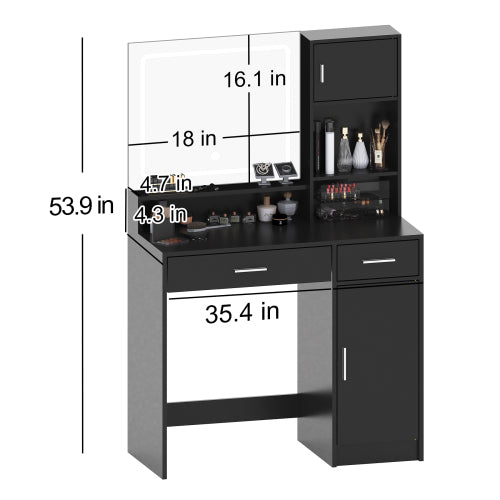 Black Vanity Desk with Mirror & LED Light Strip, Large Drawer, 3-Level Storage Dresser, 3 Lighting Modes, Adjustable Brightness