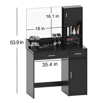 Black Vanity Desk with Mirror & LED Light Strip, Large Drawer, 3-Level Storage Dresser, 3 Lighting Modes, Adjustable Brightness