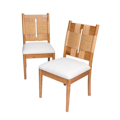 Paper Rope Back Rubberwood Dining Chairs with Linen Seats, Set of 2, Beige/Natural