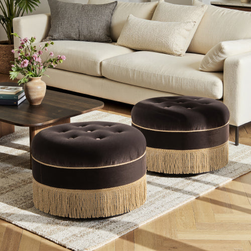 24 inch Round Upholstered Accent Ottoman, Deep Brown Performance Velvet Round Decor Stool